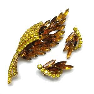 Vintage Yellow Topaz Rhinestone Brooch Earrings Floral Spray 1960s